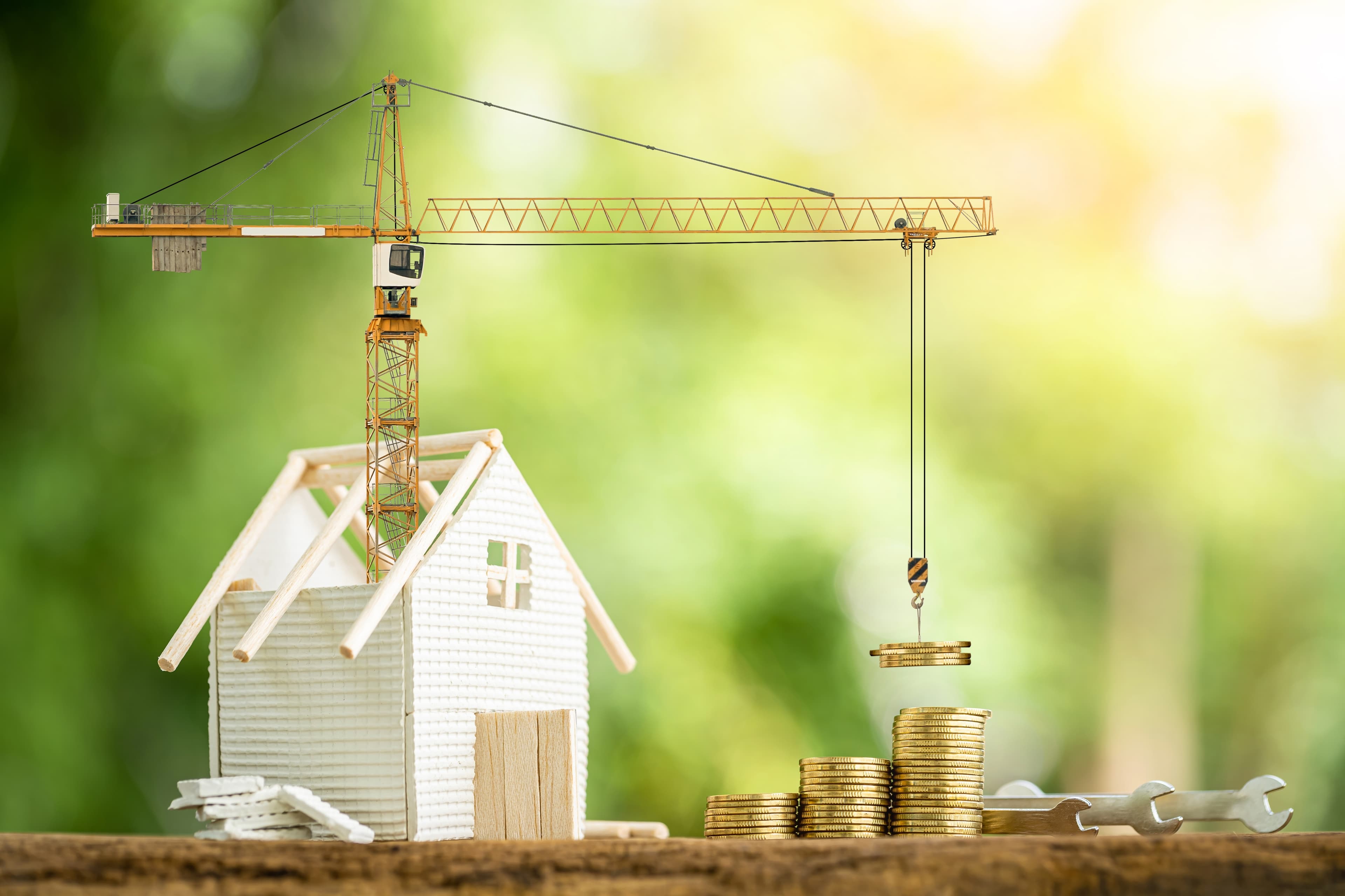 Crane building a home and stacking coins.